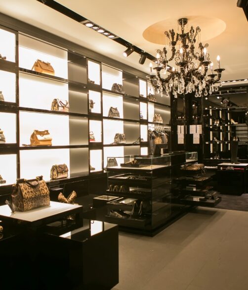 bright and fashionable interior of shoe store in modern mall.