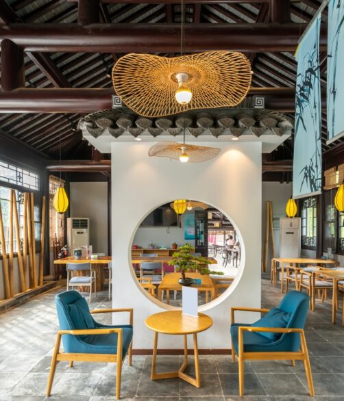 Restaurant interior, part of hotel, Asian Zen&Chinese style design.